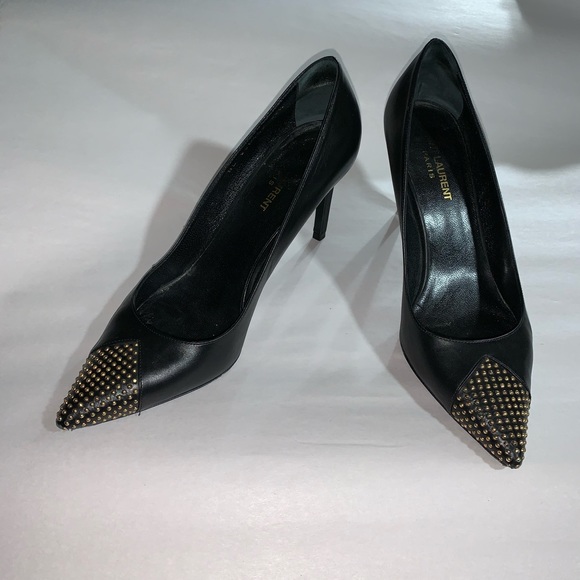 SAINT LAURENT size 39.5 black calfskin stud pumps - Picture 1 of 13
